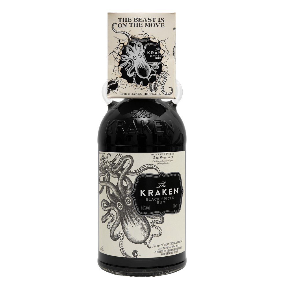The Kraken Black Spiced Rum 1Ltr with Hip Flask