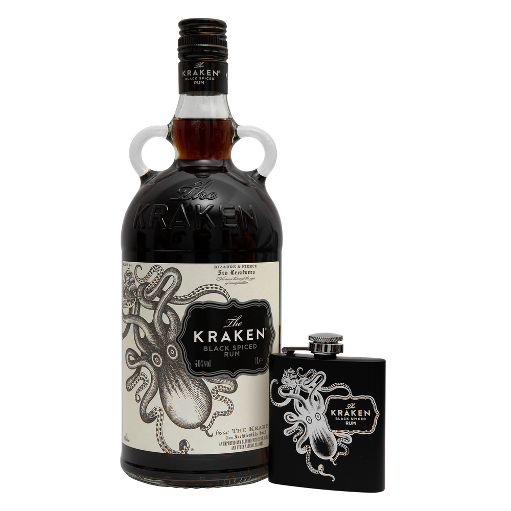 The Kraken Black Spiced Rum 1Ltr with Hip Flask