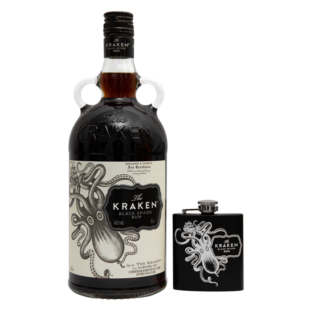 The Kraken Black Spiced Rum 1Ltr with Hip Flask